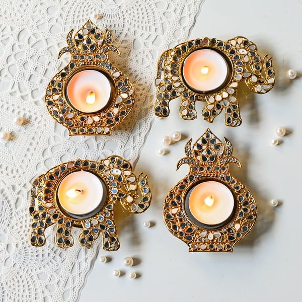 Mirror Embellished Kalash And Gaja Lakshmi Diyas - Set Of 4