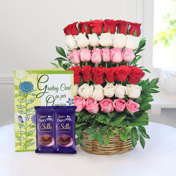 Mix Arrangement of 35 Roses with Cadbury Bars & Greeting Card