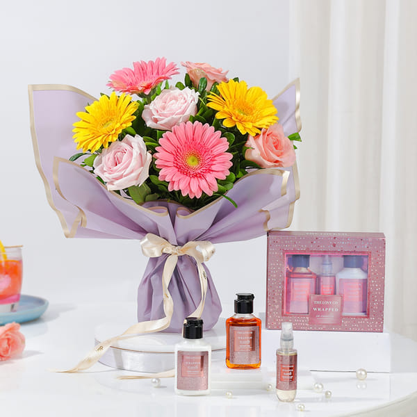 Mixed Flower Bouquet with Bath & Body Combo