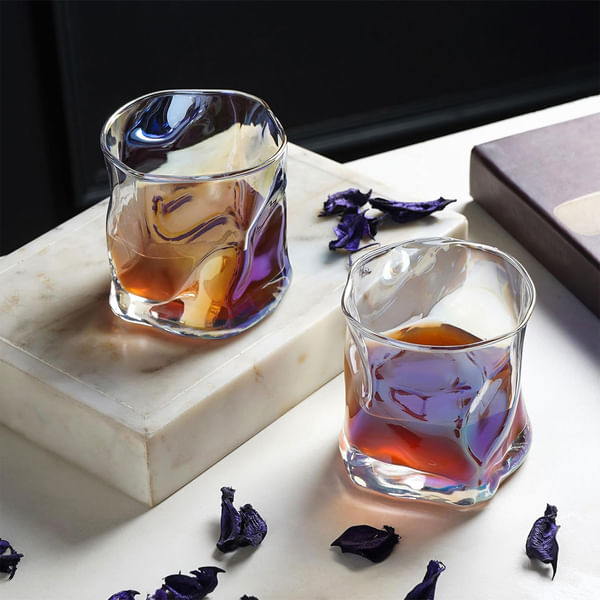 Modern Art Double Bottomed Wave Whiskey Glasses - Rainbow - Set Of 4
