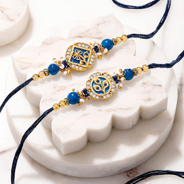 Mother of Pearl Blue Floral Rakhi Set of 2