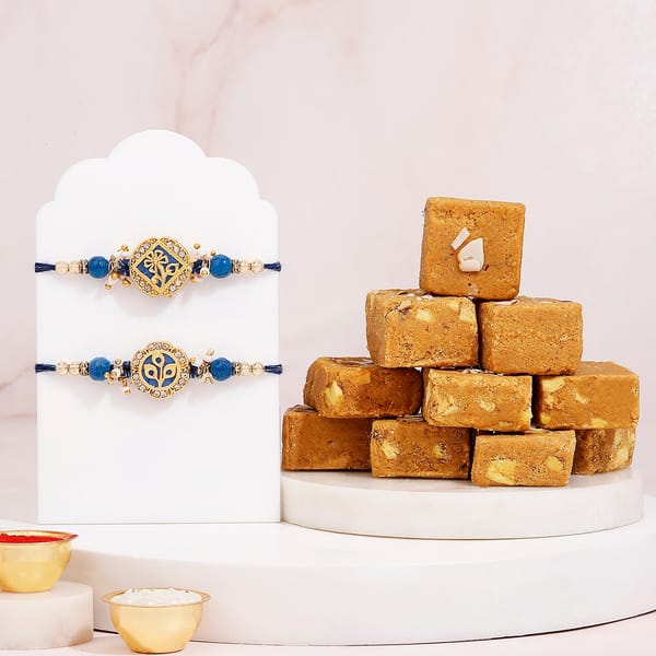 Mother of Pearl Blue Floral Rakhi Set with Besan Barfi