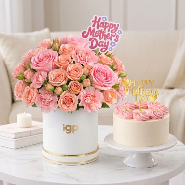 Mother's Day Pink Rose & Carnation Bouquet with Cake