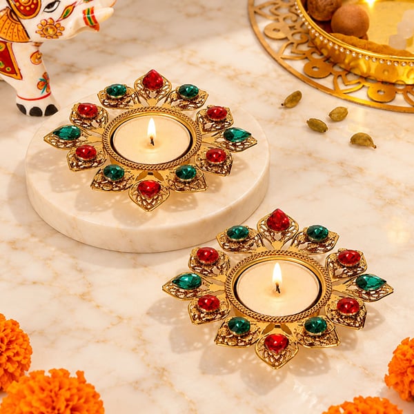Multicolor Crystal Diya - Set of 2