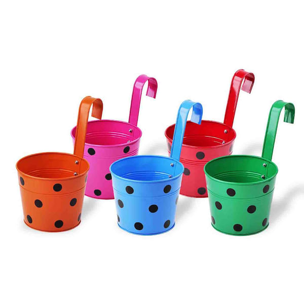 Multicolour Polka Dots Hanging Metal Pots-Set Of 5