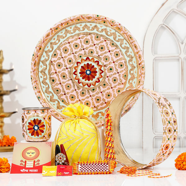 Multicoloured Embroidered Karwa Chauth Pooja Thali Set