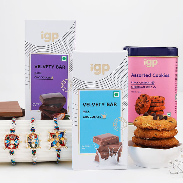 Multicoloured Meena Rakhi Set Of 3 With Sweet Munchies