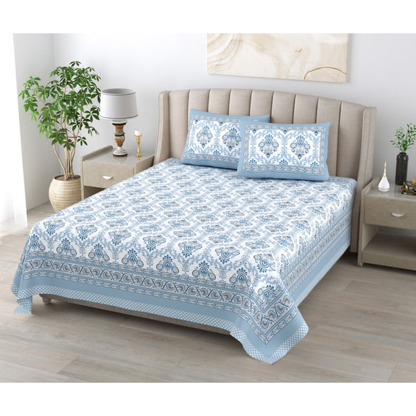 Mystic Blue Double Bedsheet And Pillow Cover Set