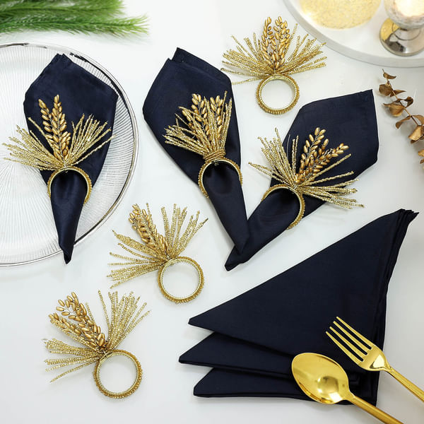 Navy Blue Napkins With Decorative Napkin Rings (Set of 6+6)
