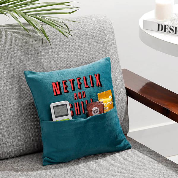 Netflix And Chill - Velvet Pocket Cushion - Personalized - Blue
