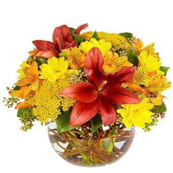 Orange Alstroemeria, Burgundy Lilies & Yellow Daisies Vase