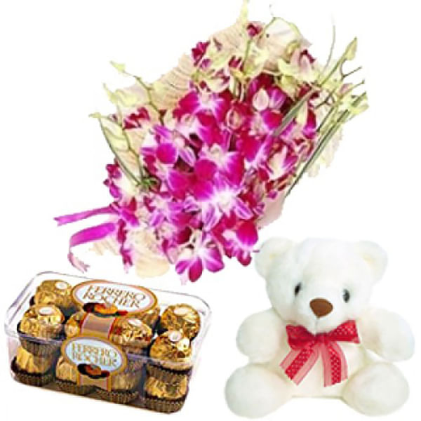 ORCHIDS AND FERRERO ROCHER 16 PCS WITH TEDDY