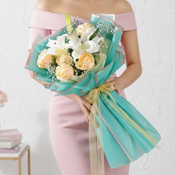 Oriental Lily Peach Rose Hand-tied Bouquet
