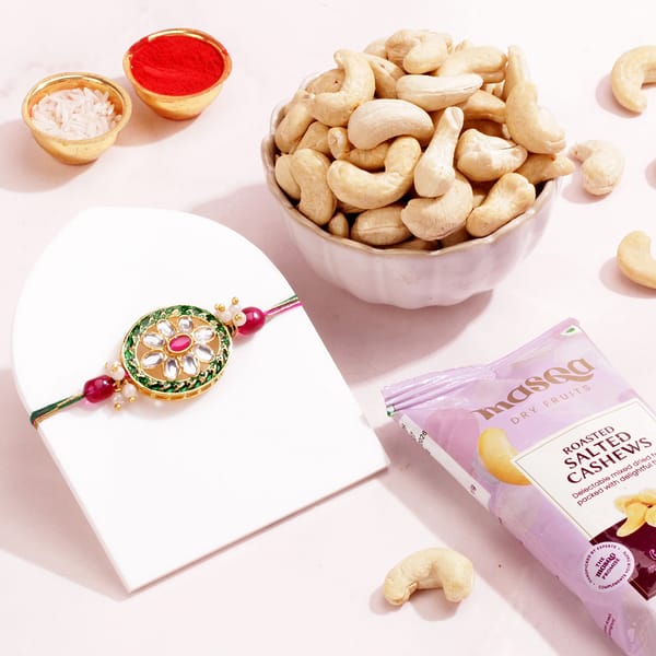 Oval Kundan Rakhi with Cashew Gift Set