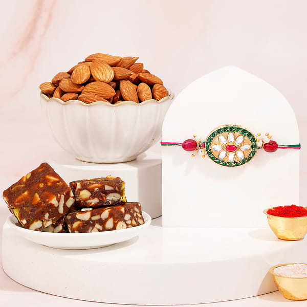 Oval Kundan Rakhi With Date Bites And Almonds