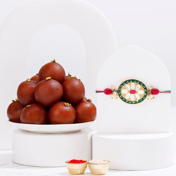 Oval Kundan Rakhi With Gulab Jamun