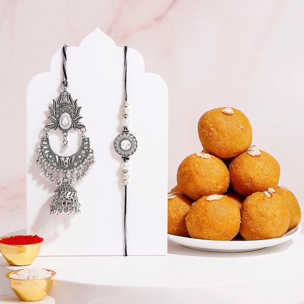 Oxidized Bhaiya Bhabhi Rakhi Set with Besan Laddoo