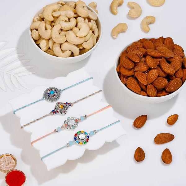Oxidized Charm Rakhis and Nutty Delights Combo-Set Of 4