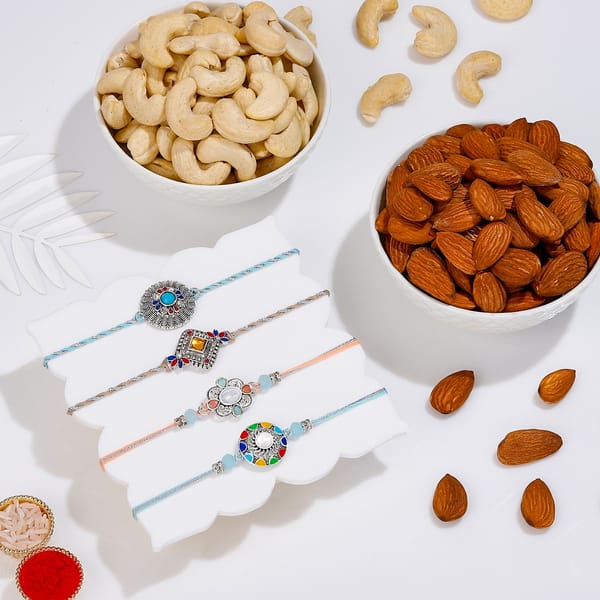 Oxidized Charm Rakhis and Nutty Delights Combo - Set Of 4