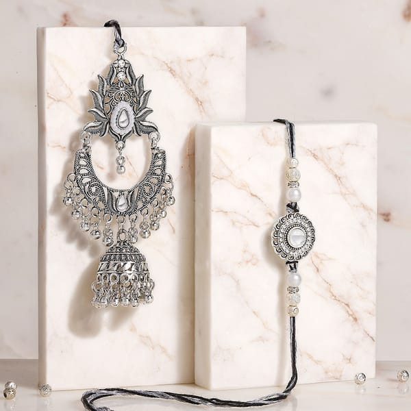 Oxidized Silver Bhaiya Bhabhi Rakhi Set