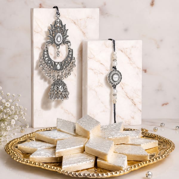 Oxidized Silver Bhaiya Bhabhi Rakhi Set with Kaju Katli