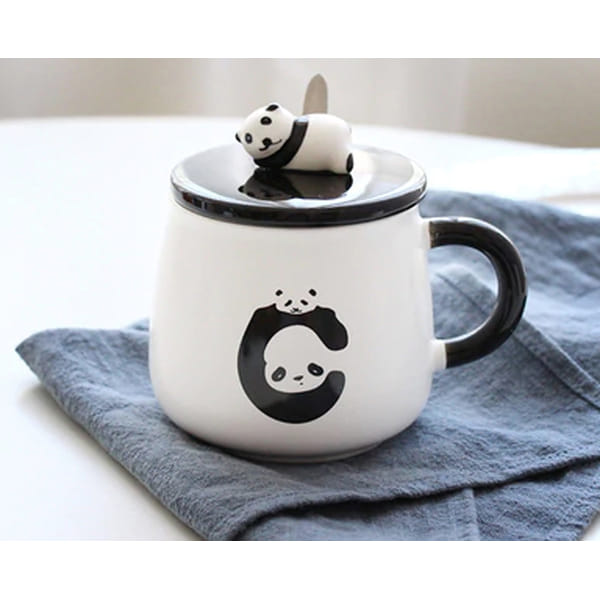 Panda Coffee Mug With Lid And Spoon - White And Black