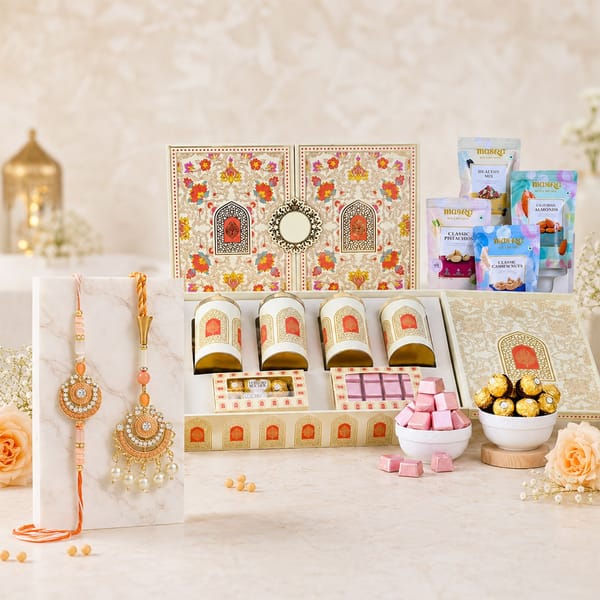 Peach Bhaiya-Bhabhi Rakhi with Dry Fruit Hamper