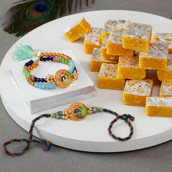 Peacock Bhaiya Bhabhi Rakhi With Moong Dal Barfi