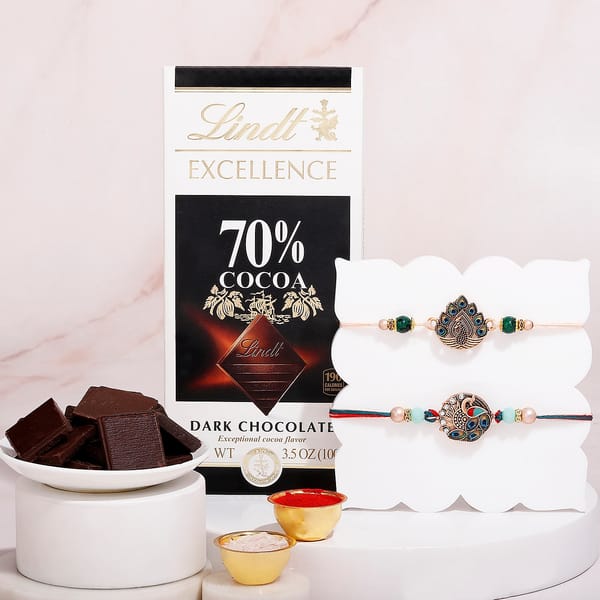 Peacock Feather Rakhi Hamper with Lindt Excellence Chocolate