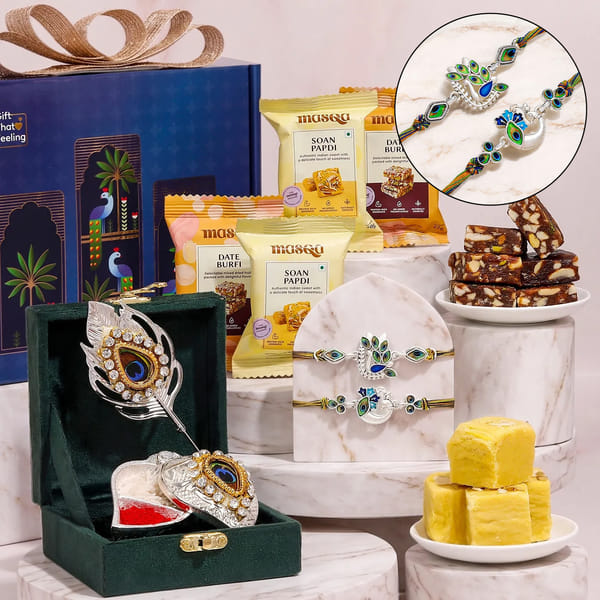 Peacock Grace Raksha Bandhan Hamper with Silver-Plated Container