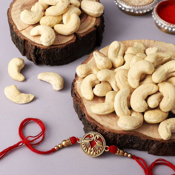 Peacock Metal Rakhi With Cashews