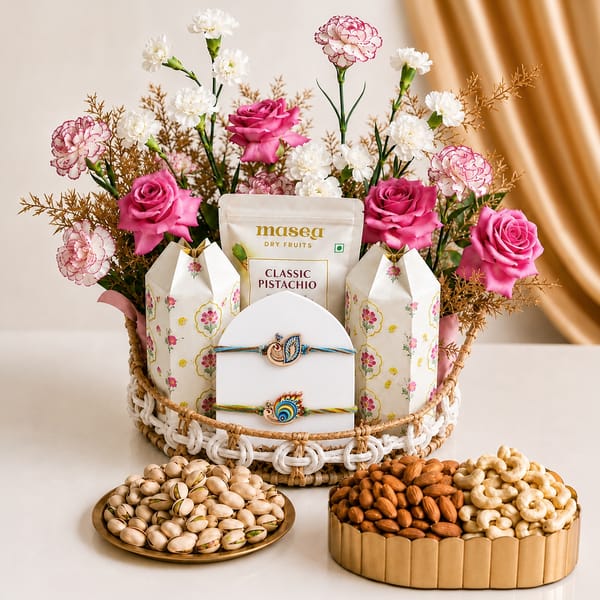 Peacock Rakhi and Floral Dry Fruit Hamper
