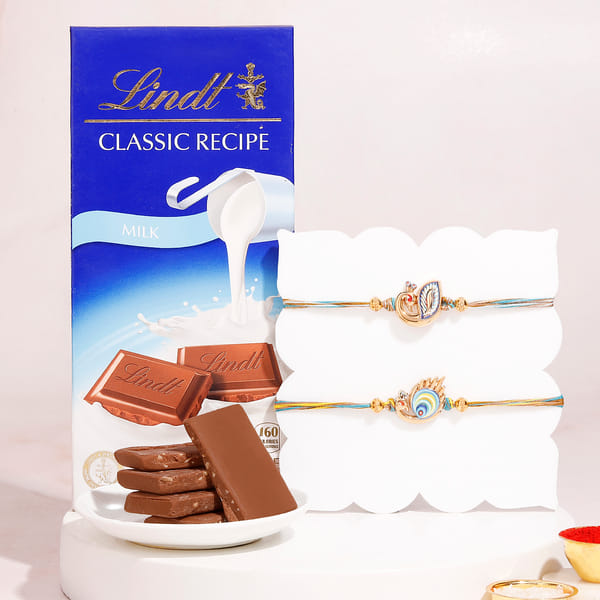 Peacock Rakhi with Lindt Milk Chocolate Gift Set