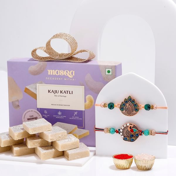 Peacock Rakhis And Kaju Katli Rakhi Combo