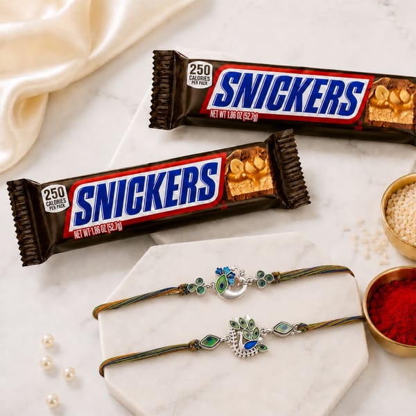 Peacock Rakhis and Snickers Combo