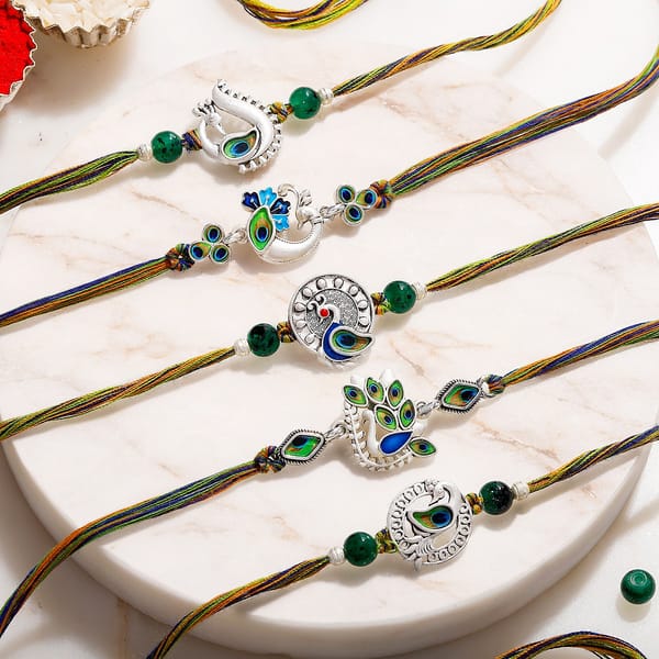 Peacock Silver-Plated Designer Rakhi Set of 5