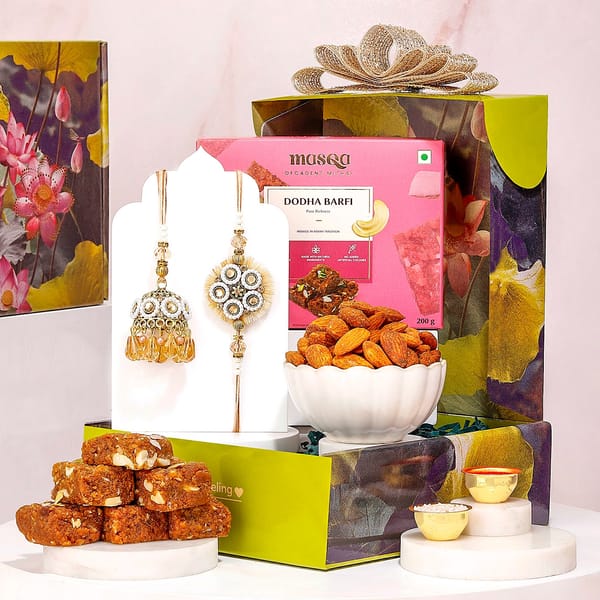 Pearl Affair Bhaiya Bhabhi Rakhi Hamper with Dodha Barfi & Almonds