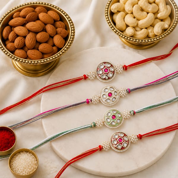 Pearl Kundan Meena Rakhi Set of 4 with Dry Fruits