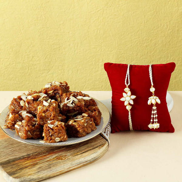 Pearl Pachhi work Bhaiya-Bhabhi Rakhi with Dodha Barfi