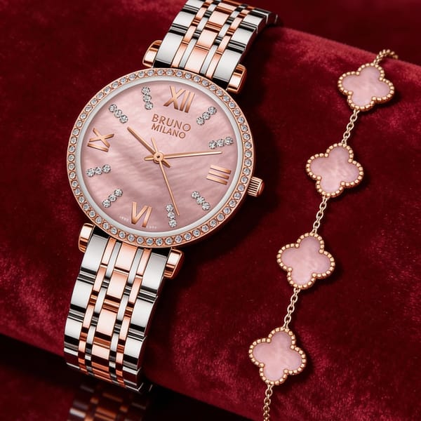 Pearl Pink Crystal Studded Watch And Clover Bracelet For Her