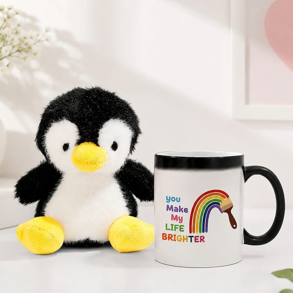Penguin Plushie with Magic Mug Gift for Rakhi
