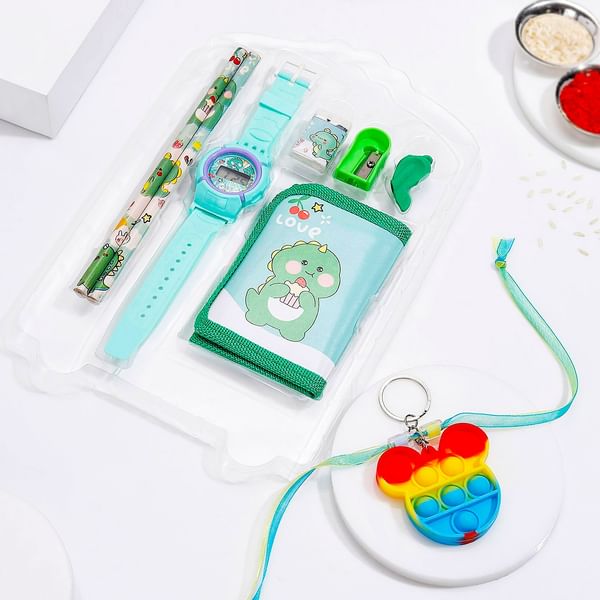 Perfect Stationery Rakhi Gift Set For Little Siblings-Green