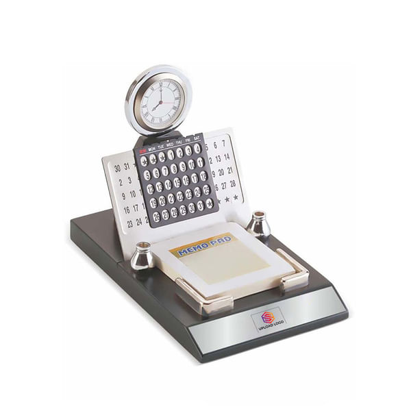 Perpetual Silver Calendar And Clock With Memo Pad