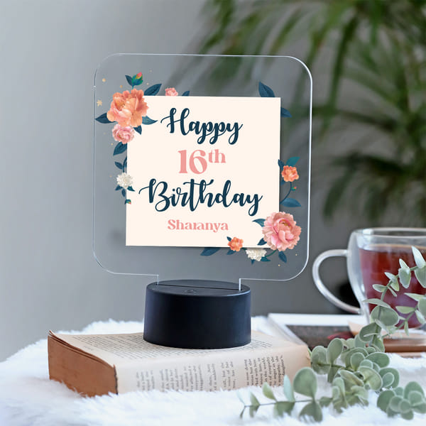 Personalized 16th Birthday Floral Acrylic LED Lamp | Custom Tabletop Night Light with Black Stand