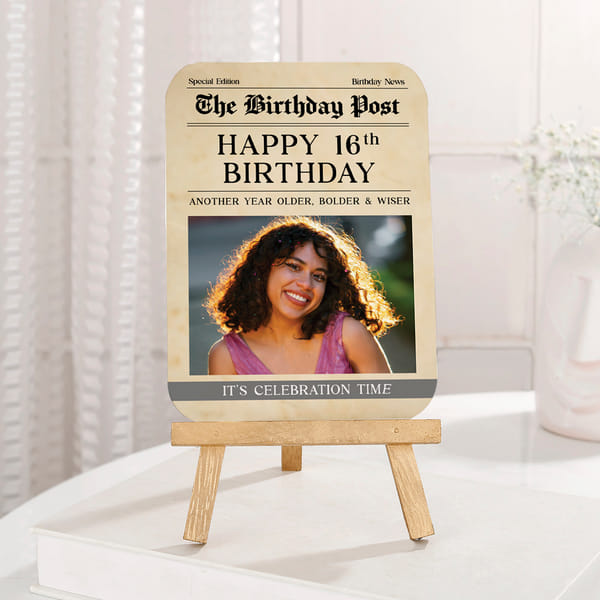 Personalized 16th Birthday Photo Frame | Same Day Delivery | Newspaper Style Keepsake Plaque with Wo