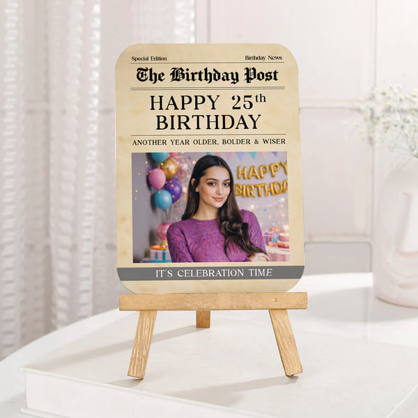 Personalized 25th Birthday Photo Frame | Same Day Delivery | Newspaper Style Keepsake Plaque with Wo