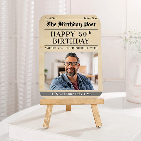Personalized 50th Birthday Photo Frame | Same Day Delivery | Newspaper Style Keepsake Plaque with Wo
