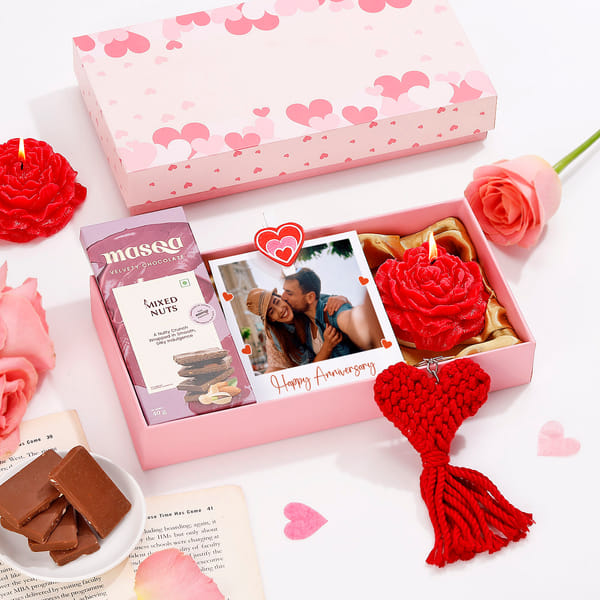 Personalized Anniversary Gift Box with Chocolate, Rose Candle & Heart Keychain
