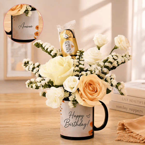 Personalized Birthday Peach Floral Mug Arrangement