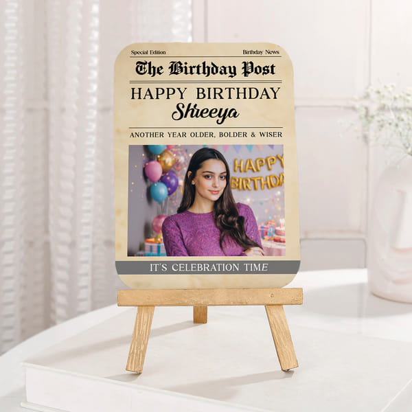 Personalized Birthday Photo Frame Plaque | Same Day Delivery | Custom Newspaper Style Board with Woo